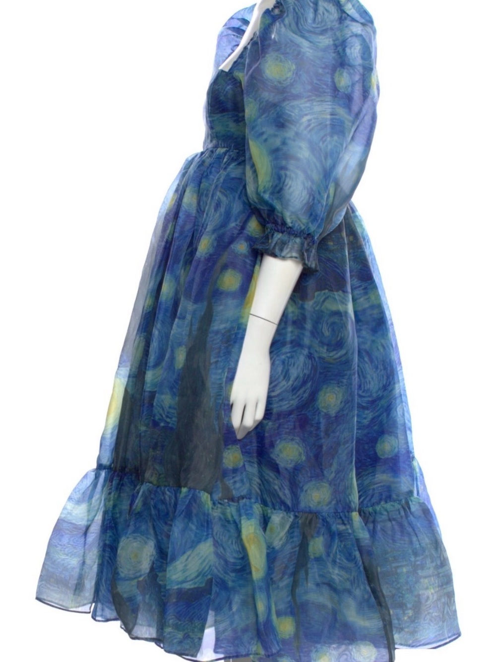 Selkie Blue Swirl Midi Dress with Puff Sleeves - Picture 3 of 4